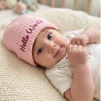 KW123: Baby Embroidered Hello World Knitted Hat- Pink (Newborn -3 Months)